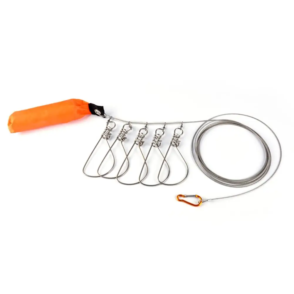 

5M Stainless Steel 5 Hooks Fish Lock Buckles Ropes Fishing Stringer Tackle Tools