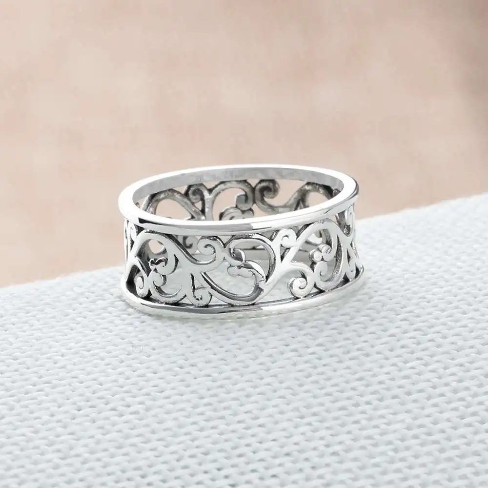 Solid 925 Sterling Silver Female Rings Vine Wave Pattern Vintage Style Rings High Quality Jewelry Sister Gift(JewelOra RI102786)