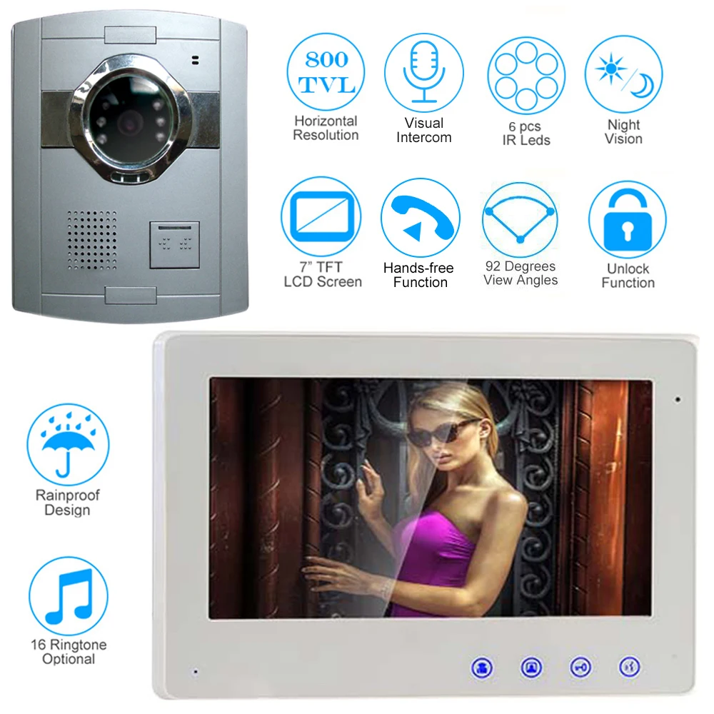 

CUSAM 7" Wired Color Video Door Phone Door Bell Intercom Kit with IR Night Vision Outdoor Monitoring for Apartment
