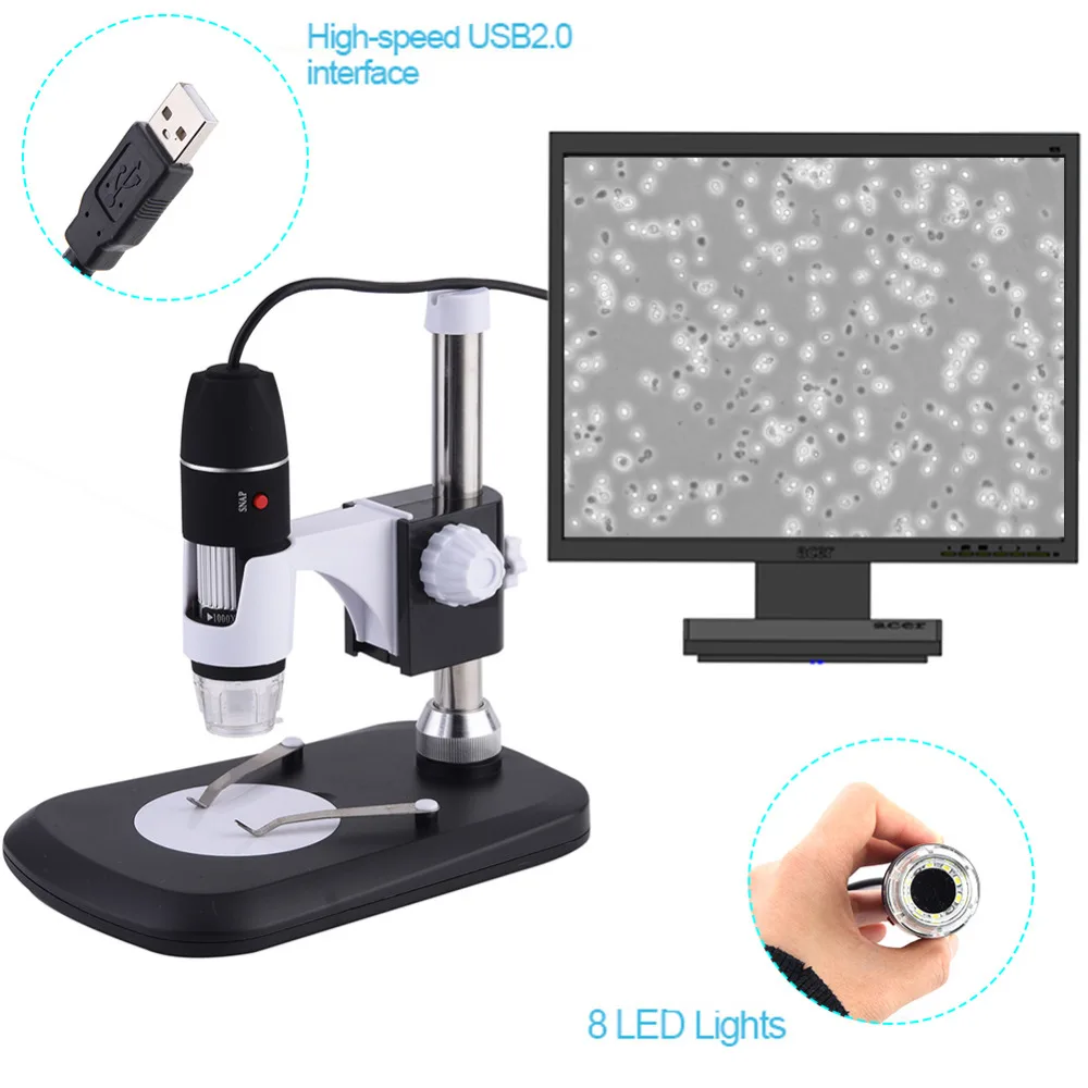 Portátil de 1000x Usb com 8 Microscópio Eletrônico Preto Digital Leds Câmera Endoscópio Microscopio Lupa