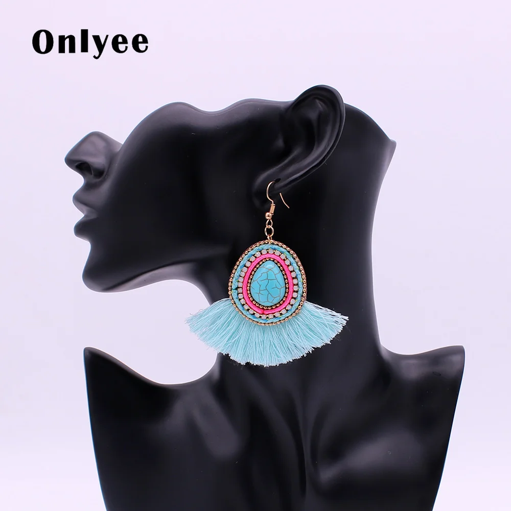 

Onlyee Light blue Nets Weaving Bohemia Tassels Earrings For Women Beach Jewelry Long Dangle Drop Earrings Statement Brincos
