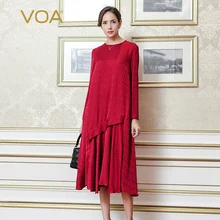 Voa шёлковый жаккард винно-красные платья женские осенние с длинным рукавом больших размеров d свободные большой размер элегантный женский Повседневный халат простой A6380