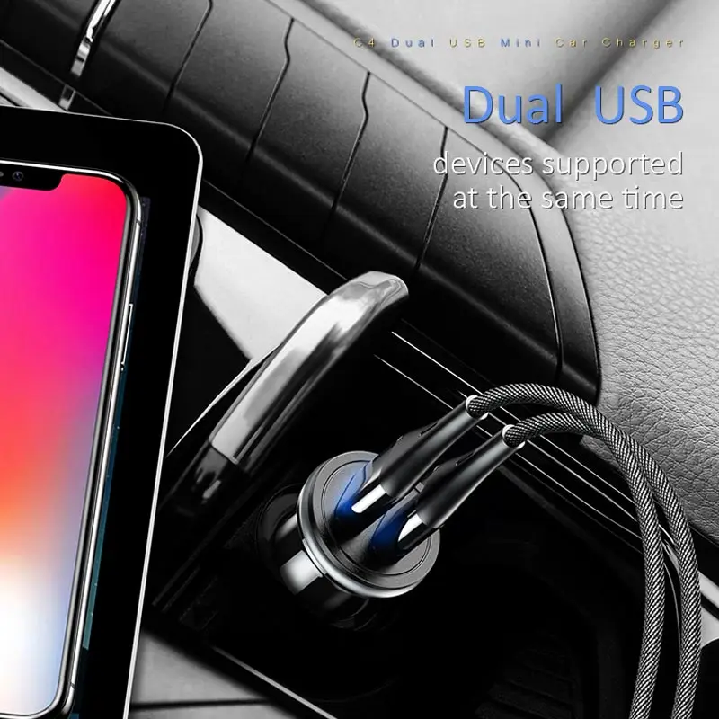 Автомобильное зарядное устройство с двумя USB, USAMS 5 В/2,4 А, зарядное устройство для мобильного телефона для iPhone X, samsung, s9, s8, Xiaomi, Мини USB адаптер, автомобильное зарядное устройство для телефона