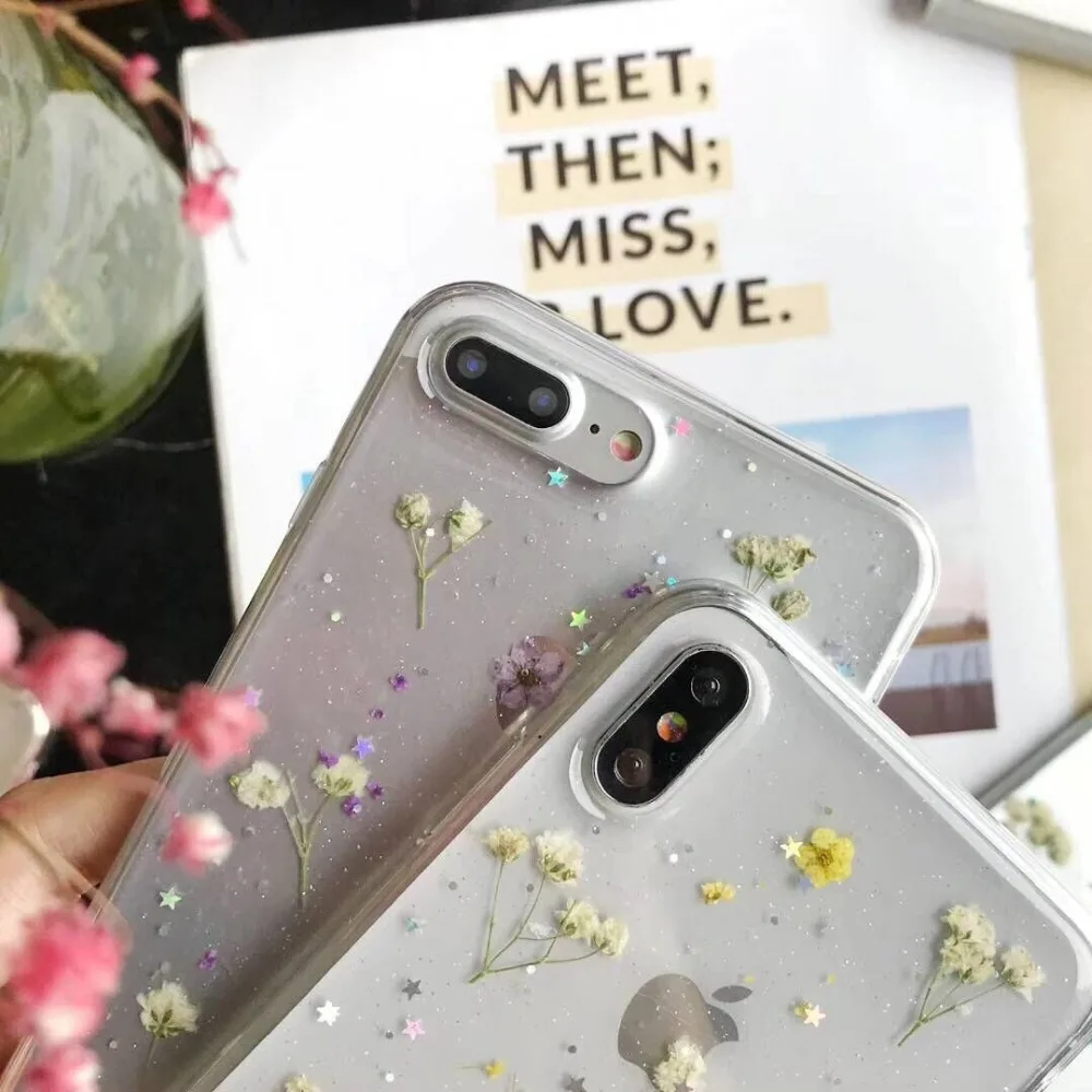 Летний свежий 3D милый чехол с настоящим цветком для Iphone 8 7 6 6s Plus Xs Max мягкий