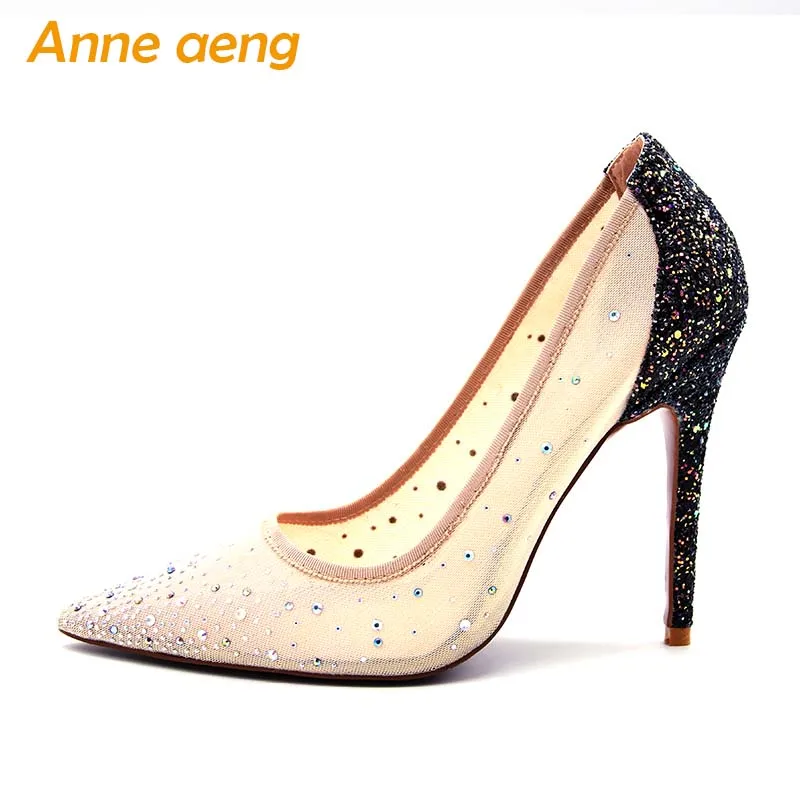 

summer women pumps high heel bling fashion shoes pointed toe crystal air mesh wedding bridal shoes silver Black women shoes