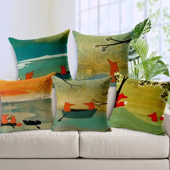 

Fine cotton linen cushion quality printed with lover fox couple cartoon home decorative pillows 43x43cm pillowcase for couch