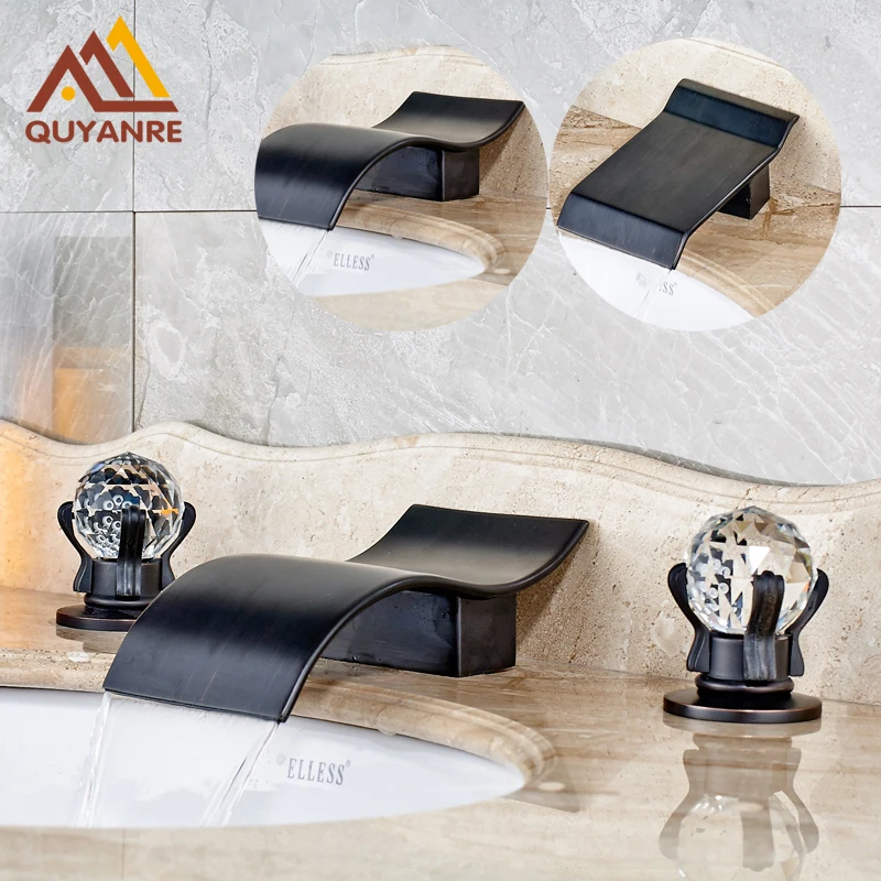 

Dual Crystal Handle Triple Hole Bathroom Sink Faucet Basin Washing Tap Black Color Waterfall Outlet