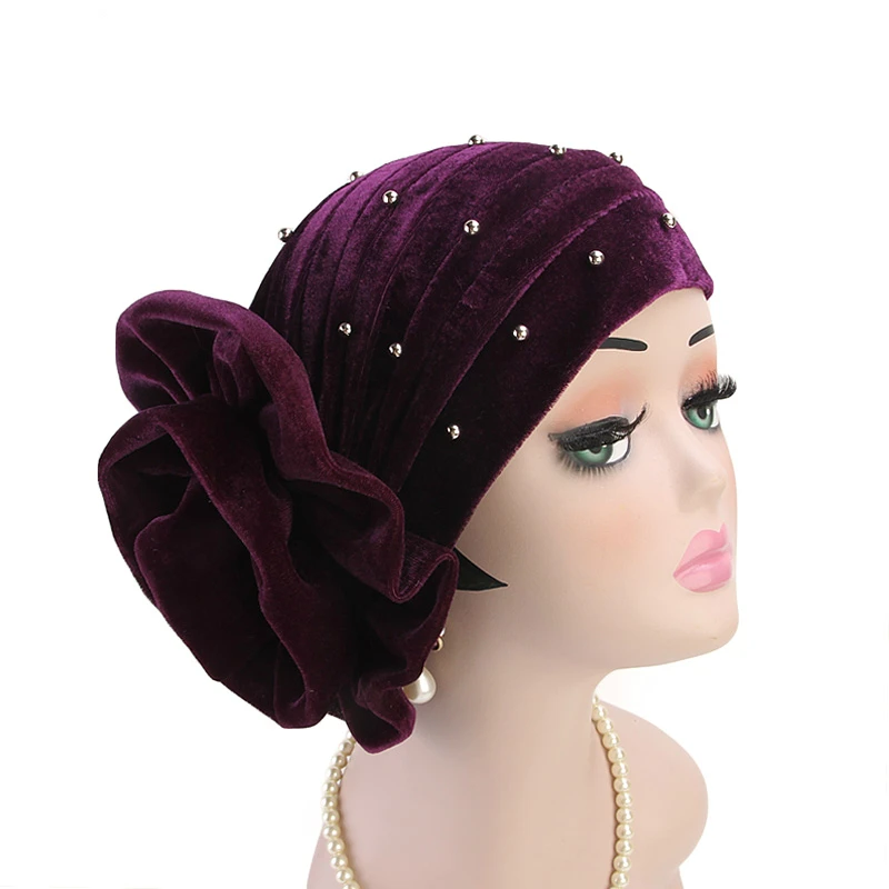 Женский вышитый бисером король цветок аксессуары для волос в виде тюрбана бархат тюрбан шапка Хемо шляпа Дамы шарф шапка для выпадения волос мода хиджаб - Цвет: Purple