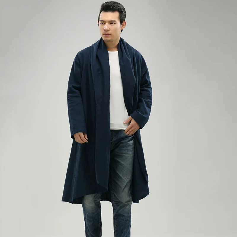 

Men Chinese Style Cotton Linen Long Shawl Cardigan Trench Jacket Male Loose Fashion Casual Solid Color Trench Outerwear Coat
