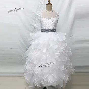 

Vestido de Daminha White Gray Ball Gown First Communion Dresses for Girls Ruffles Lace Flower Girl Dress Pearls Kids Pageant