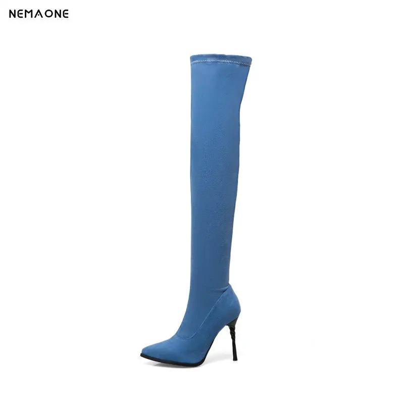 2019 Formato Della Tacchi Di 43 Ginocchio Toe Donna Sopra Modo Grande Inverno rosso Stivali Alti Il Denim Signora Poined Nemaone Blu 34 d6xTd