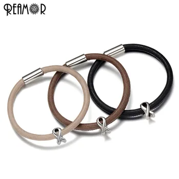

REAMOR Simple Design 316l Stainless Steel Breast Cancer Beads Bracelet PU Leather Bracelets Women Jewelry With Magnetic Clasp