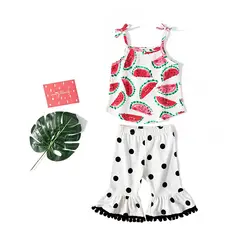 Новая Одежда для девочек летний комплект с принтом арбуза волна ремни + бахромой Dot печати брюки два комплекта из модная детская одежда