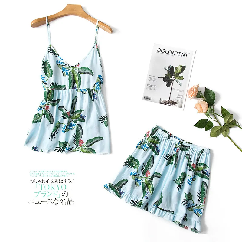 Pajimas for women flower print sleepwear sexy pajama set summer female nightgown ladies v-neck nightwear homewear - Цвет: Синий