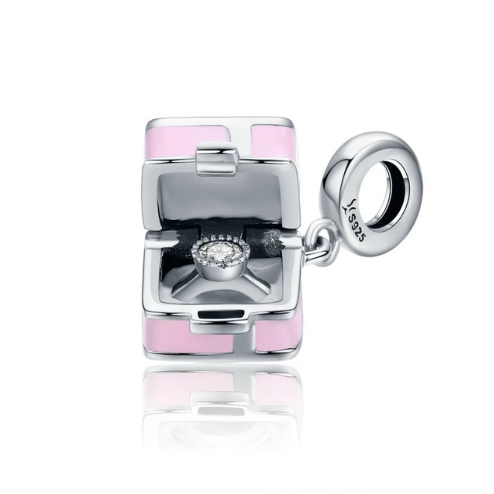 

925 Sterling Silver Beads Fit Original Pandora Bracelet Pink Box Marry Me Surprise Charm Pendant Beads for Jewelry Making Women