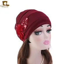 Новая женская расшитая блестками Цветочная шапка Хемо шапка тюрбан для сна шапка с подкладкой для рака выпадения волос шапки