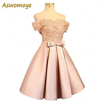 

Aswomoye Elegant Short Evening Dress 2018 New Stylish Illusion O-Neck Wedding Party Dress Sleeveless with Bow robe de soiree