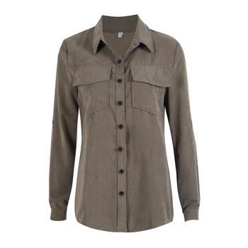 

Double Pocket Blouse Women V-neck Top Long Sleeve Shirt Button Casual Blouse Army Green Loose Shirt
