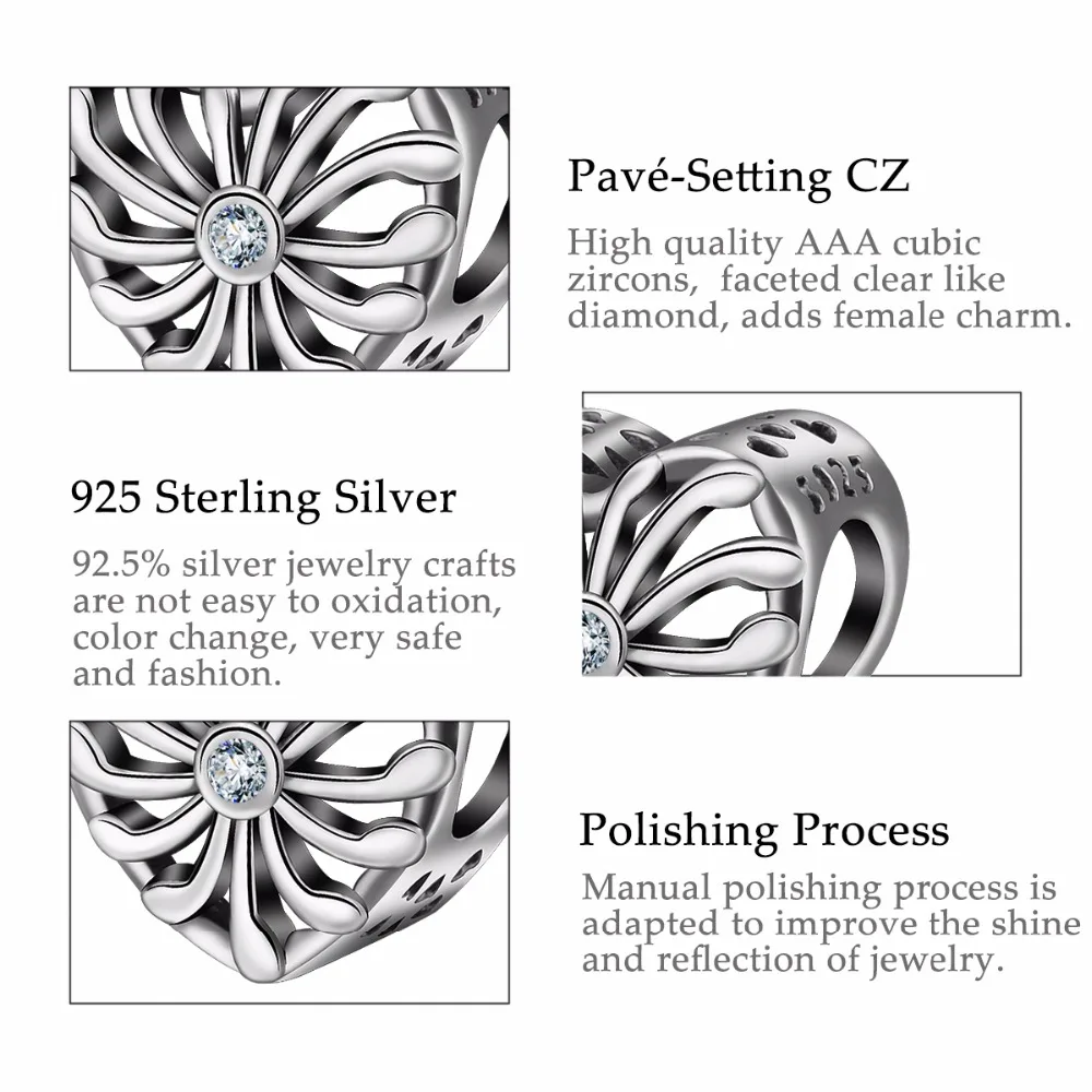 EUDORA 925 Sterling Silver Romance Flower Heart Charms Hollow out CZ Beads Fit Bracelets & Bangles DIY Jewelry girl Gift CYZ013 Fashion Jewelry