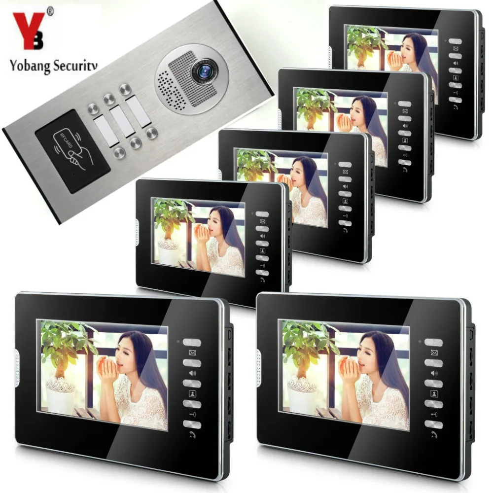 

Yobang Security Video Door Phone Intercom 7''Inch TFT LCD Monitor RFID Card Access Control Home Gate for 6 Families Apartment