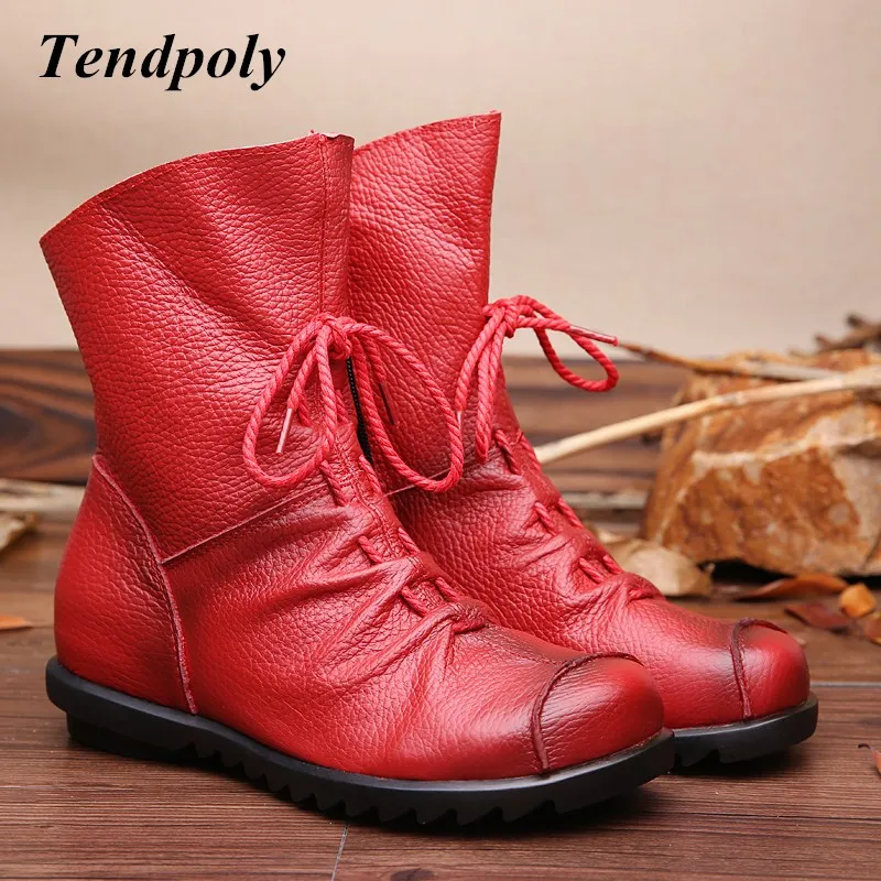 Goedkoop Nieuwe etnische fashion vrouwen laarzen herfst winter retro lederen verhoogde vrouwelijke laarzen selling warm handgemaakte casual schoenen