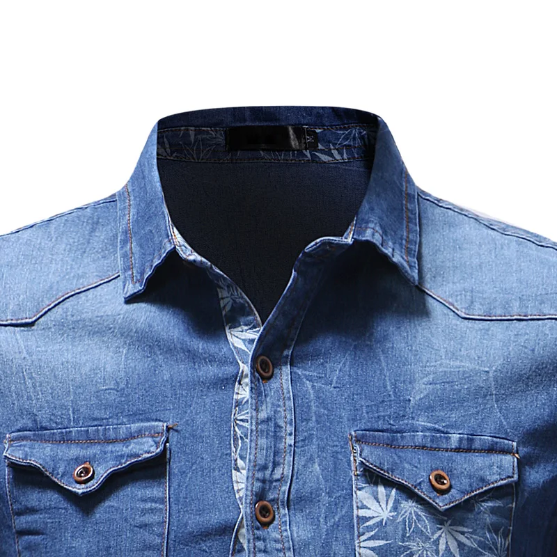 2018 New Jeans Shirt Men Long Sleeve High quality Printing Mens Shirt Pure Cotton Breathable Denim Shirt Casual Plus Size 3XL