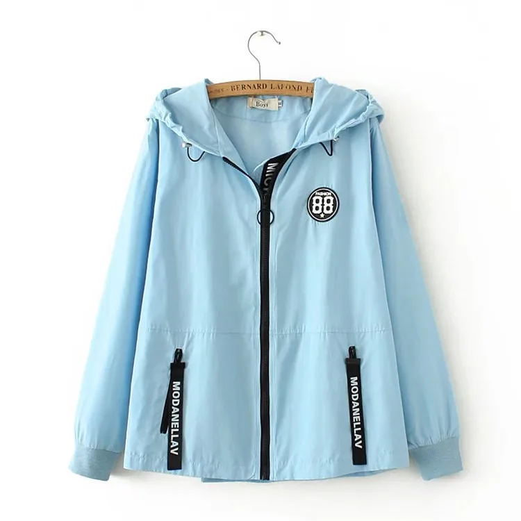 Модная женская куртка с капюшоном большого размера, Весенняя Осенняя свободная ветровка с длинным рукавом, Женские повседневные топы, короткая верхняя одежда G325 - Цвет: Light blue