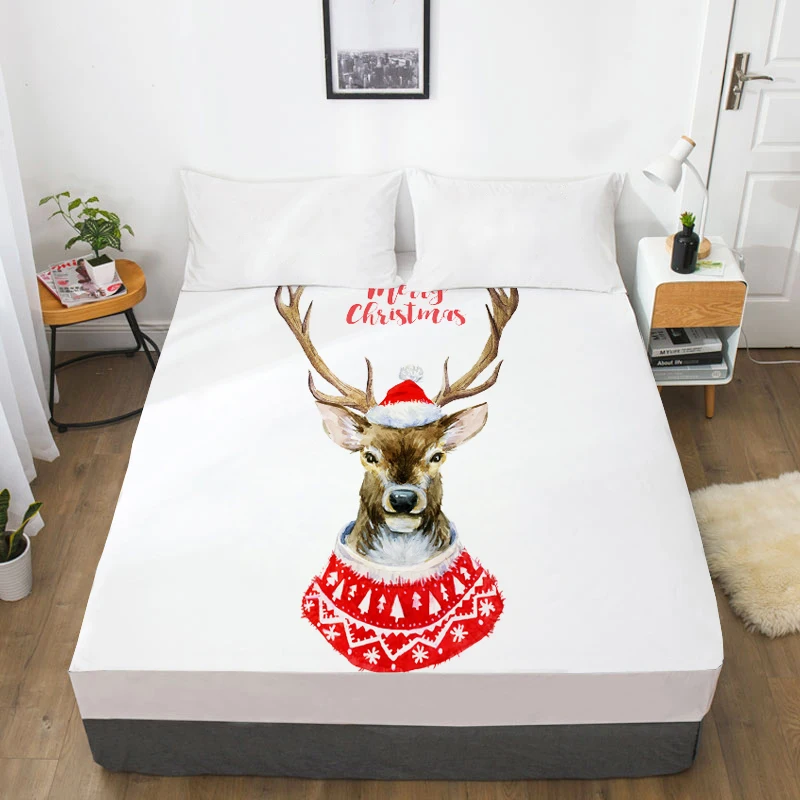 

3D HD Digital Printing Custom Bed Sheet With Elastic,Fitted Sheet 160x200 150x200 180x200,Christmas Deer White Mattress Cover