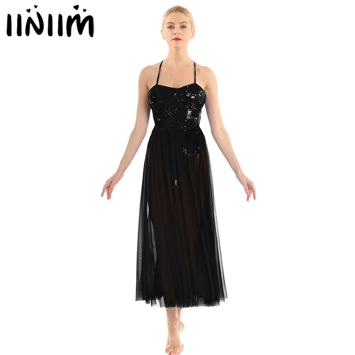 

iiniim Femme Adult Lyrical Dance Costumes Spaghetti Strap Sequined Dancewear Class Gymnastics Leotard for Womens Dance Dress