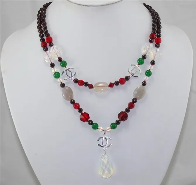 

FREE SHIPPING>> wholesale 2 rows fine design 7-8mm black jade mix crystal stone + shinning crystal pendant fashion necklace