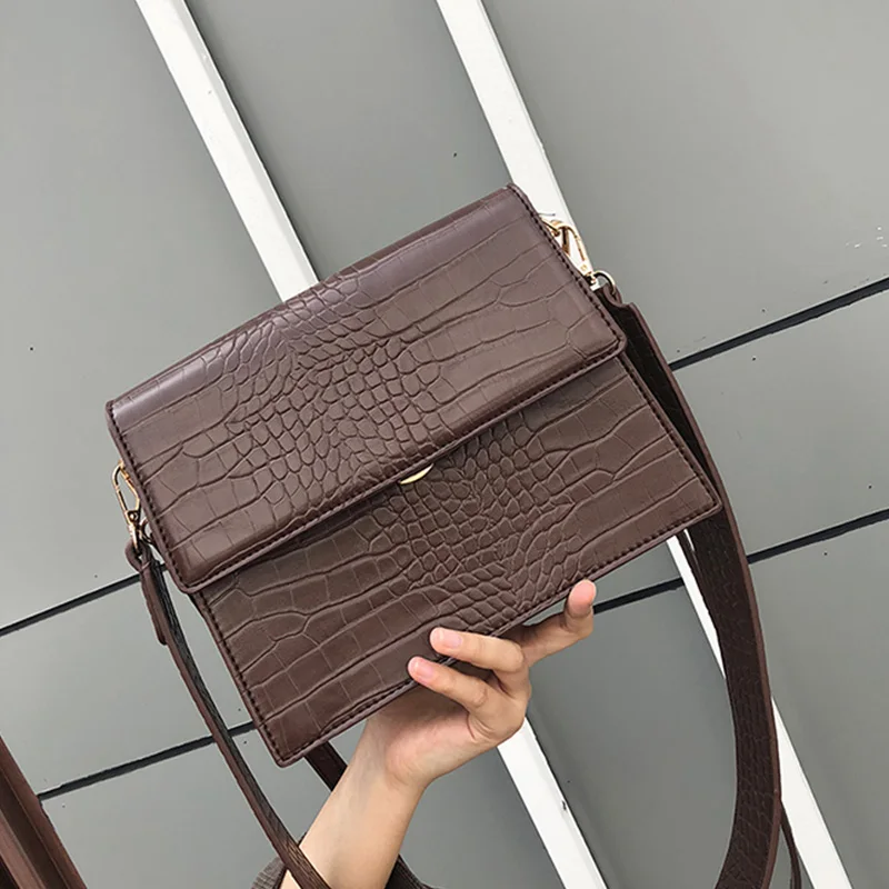 

Women 2019 Autum New Designer Wide Strap Crocodile Messenger Bag Handbag Retro Shoulder Bag Double Straps Wild Shoulder Bags