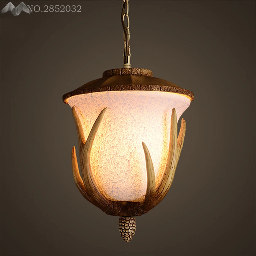 

American Countryside Vintage Antlers Resin Pendant Lights Retro Glass Lampshade Hanging Lamps Restaurant Cafe Bar Decor Fixtures