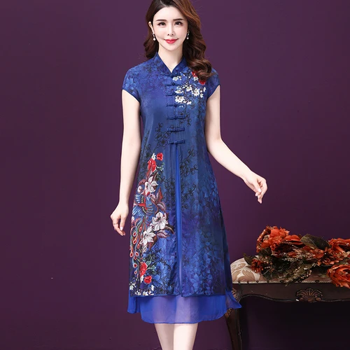 

2019 Spring Summer Fashion Short Sleeve Silk Women Dress New Style Exquisite Printed High End Elegant Temperament Female Dresses