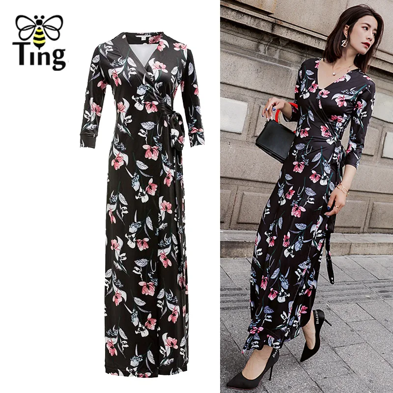 

Tingfly Women Boho Floral Print Maxi Wrap Dress Fashion V neck Wrap Around Front Slip Long Dress Casual Vestidos Plus Size 2XL