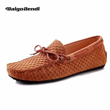 

BIG SIZE 45 US 6-12 GENUINE Leather tie SLIP-0N Men Woven loafers fashion Casual Boat Shoes Driving Shoes
