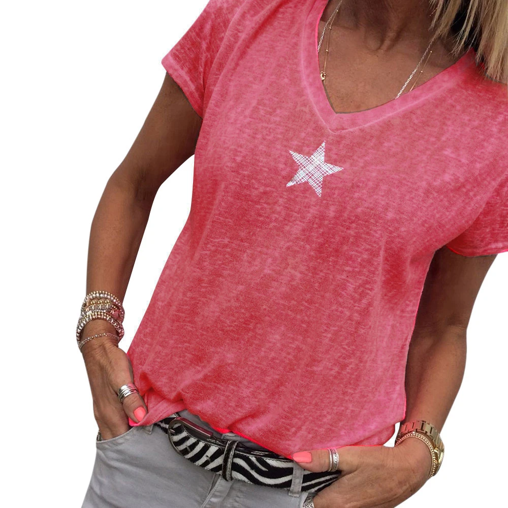 

SFIT Plus Size 5XL Star Printed Shirt Women Summer Short Sleeve Yellow 65% Cotton Tee Shirt Tops Sexy V Neck Tee Tops