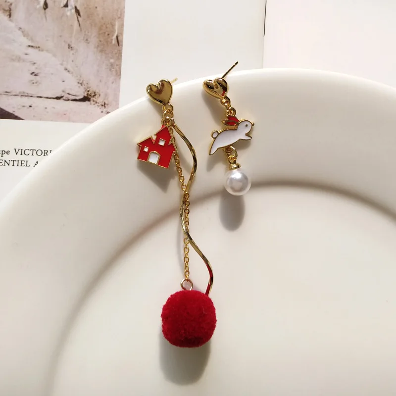 red stud earrings Асимметричный мультяшный сплав эмаль дом кролика красный розовый помпон меховой шар Pendientes Клипсы Серьги без пирсинга для леди - Окраска металла: red stud earrings