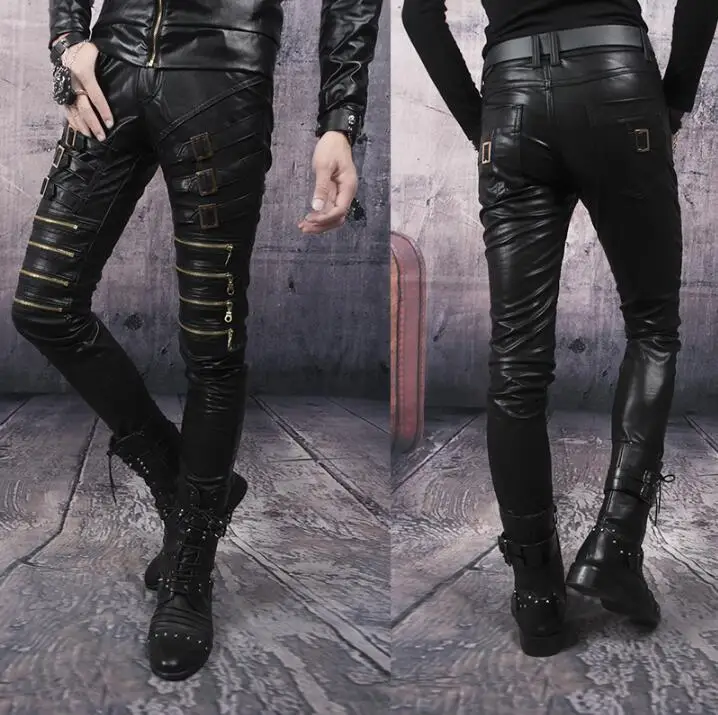

Autumn winter personality punk fashion motorcycle faux leather pants mens feet pants pu trousers for men stage zipper black