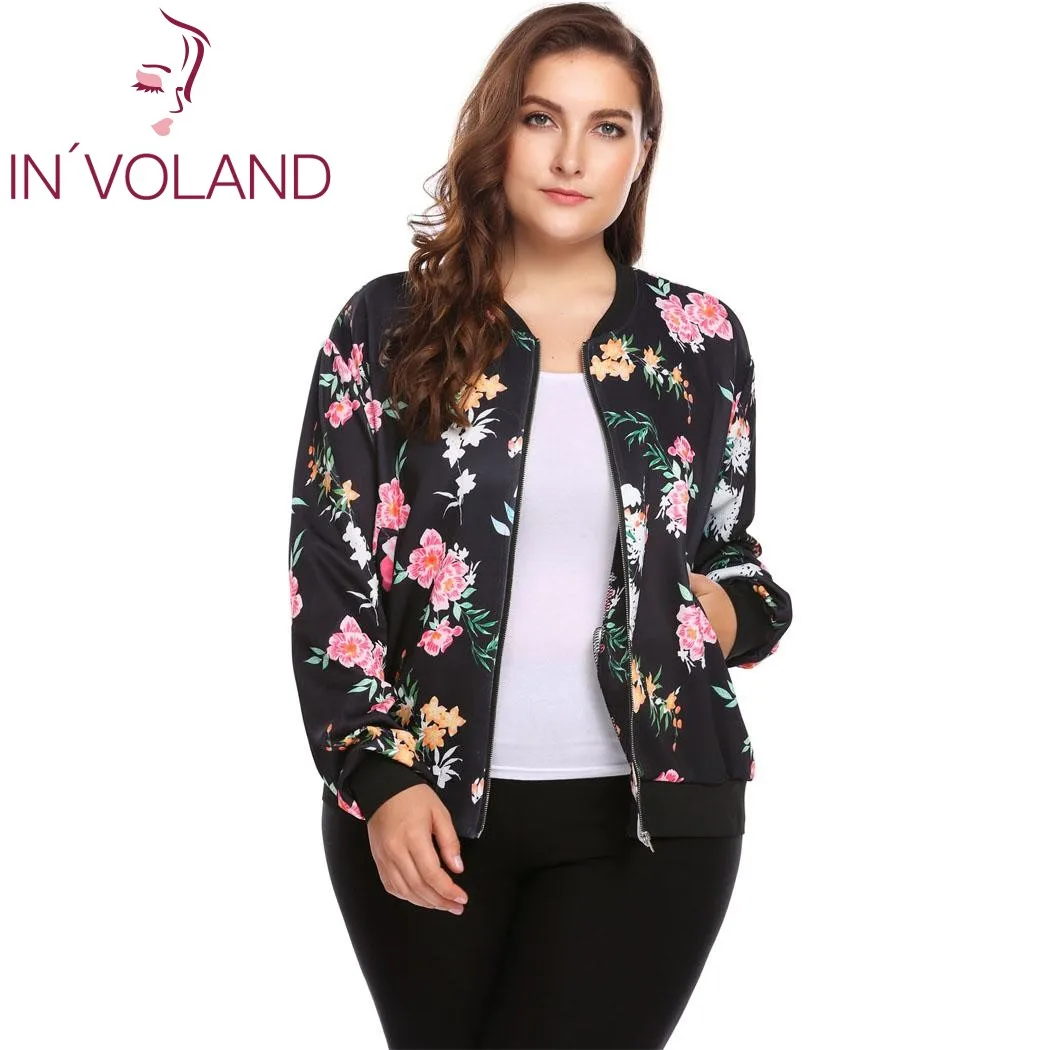 Kopen IN #039;VOLAND Plus Size Vrouwen Korte Jasje L 4XL Herfst Slanke Kraagvorm Print Grote Jas Bomber Tops Bovenkleding Grote Size