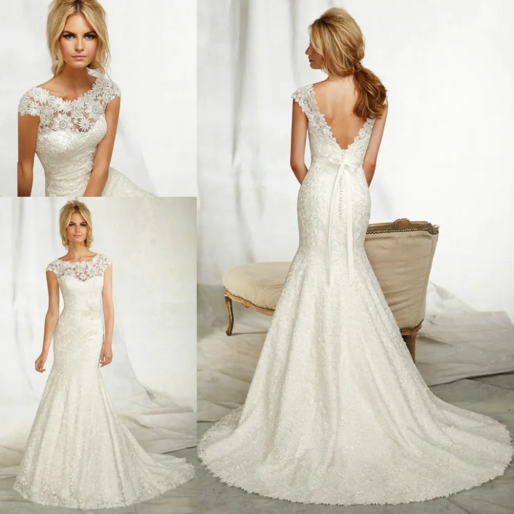 2014 Uniquewrl074 Cap Sleeve Trumpet Style Lace Sexy Low Back