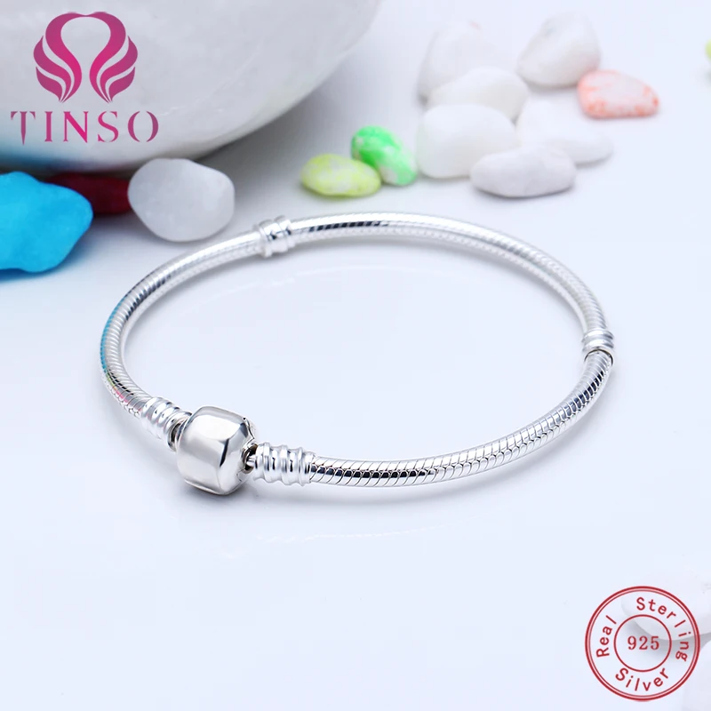 

100% 925 Sterling Silver Popular Snake Chain Basic Bracelet with Logo Fit for European Charms Beads DIY Jewelry for Women Gift