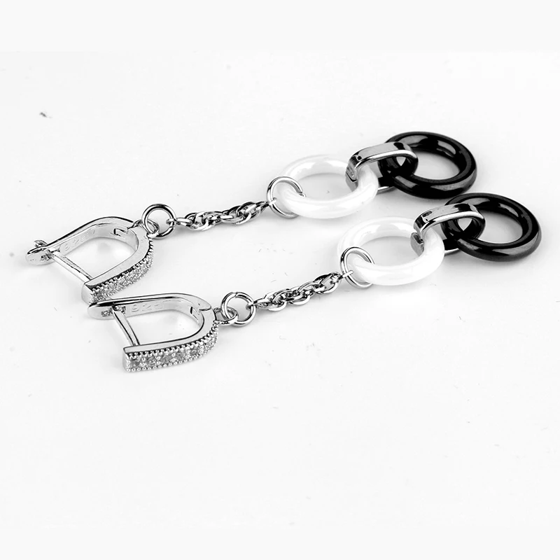Круглый круглый женский серебряный круглый керамический кулон ожерелье набор ювелирных изделий двойные черные белые керамические серьги для вечерние подарки