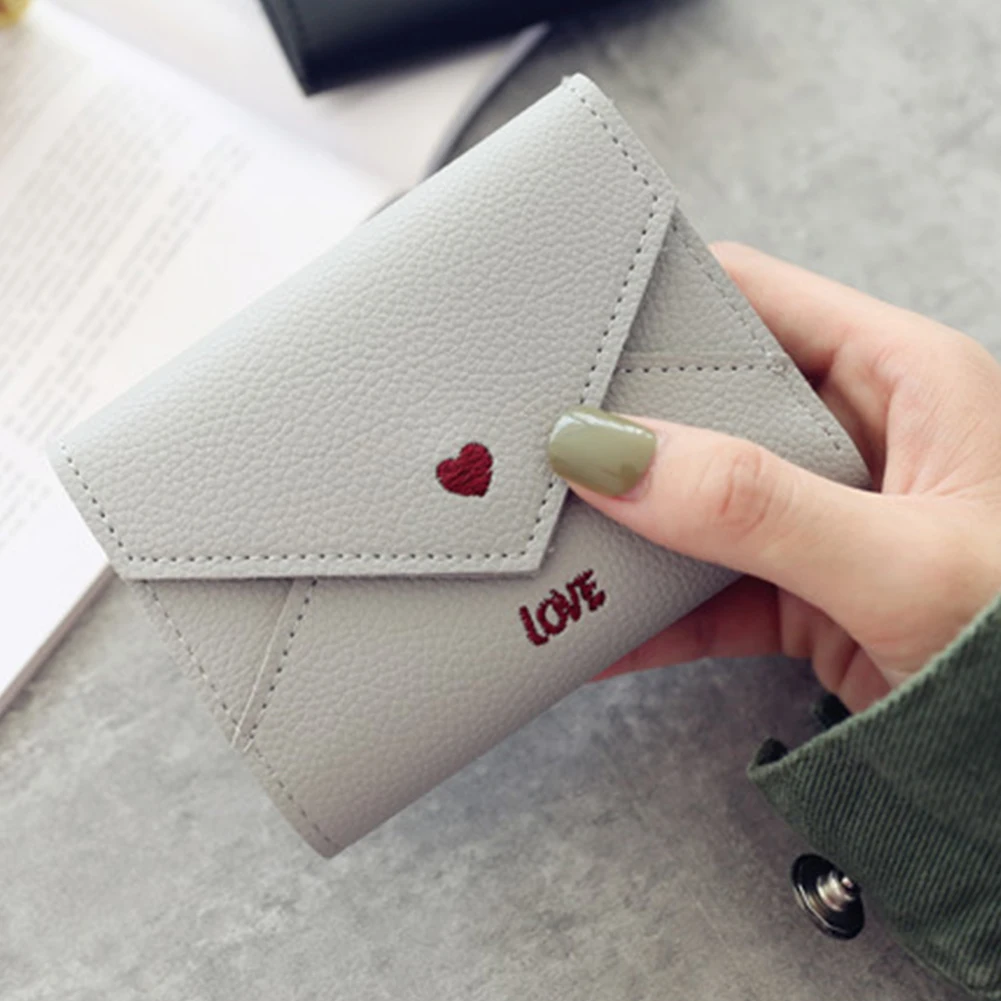 

Embroidery Portable Mini PU Leather Three Fold Small Women Wallet Purse Multifunctional Heart Pattern Card Slots Fashion