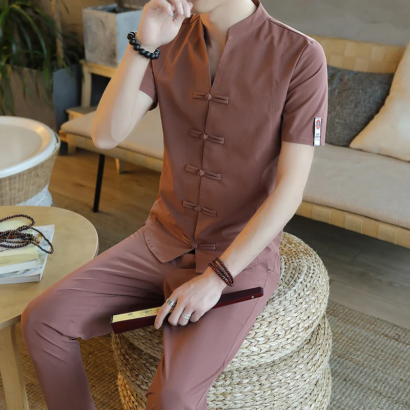 Китайский льняной Кардиган Кнопка стиль сплошной цвет хлопок белье Комплект для мужчин футболка+ брюки 2 шт. комплект - Цвет: Chocolate