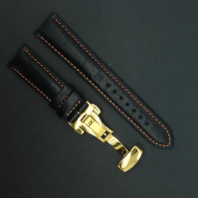 new Watch band 20mm Blue Green Orange Stitched Black Genuine Leather