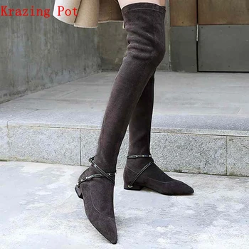 

Krazing Pot flock stretch boots thick low heel boots Winter metal rivets slip on pointed toe modern girl over-the-knee boots L50