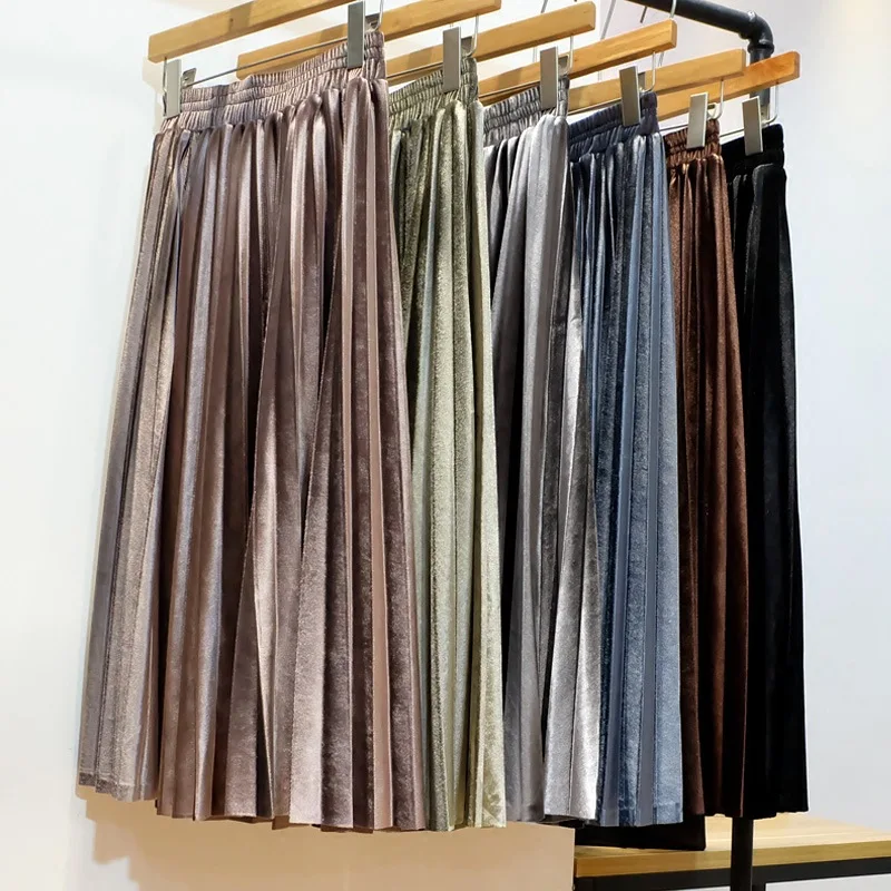 

Winter Metallic Thick Velvet Pleated Calf Long Skirt Elastic Waist Band Pleuche Lined Autumn Women Korean Skirts Blue Green