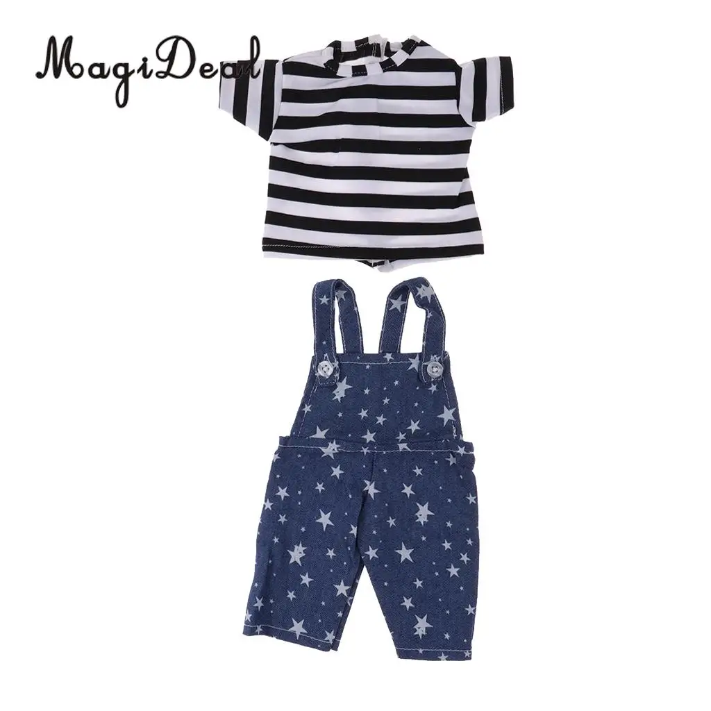 16inch Fashion Doll Casual Outfit Suspender Pants Trousers & Stripe Tops T-shirt Garment For Sharon Girl Doll Clothing