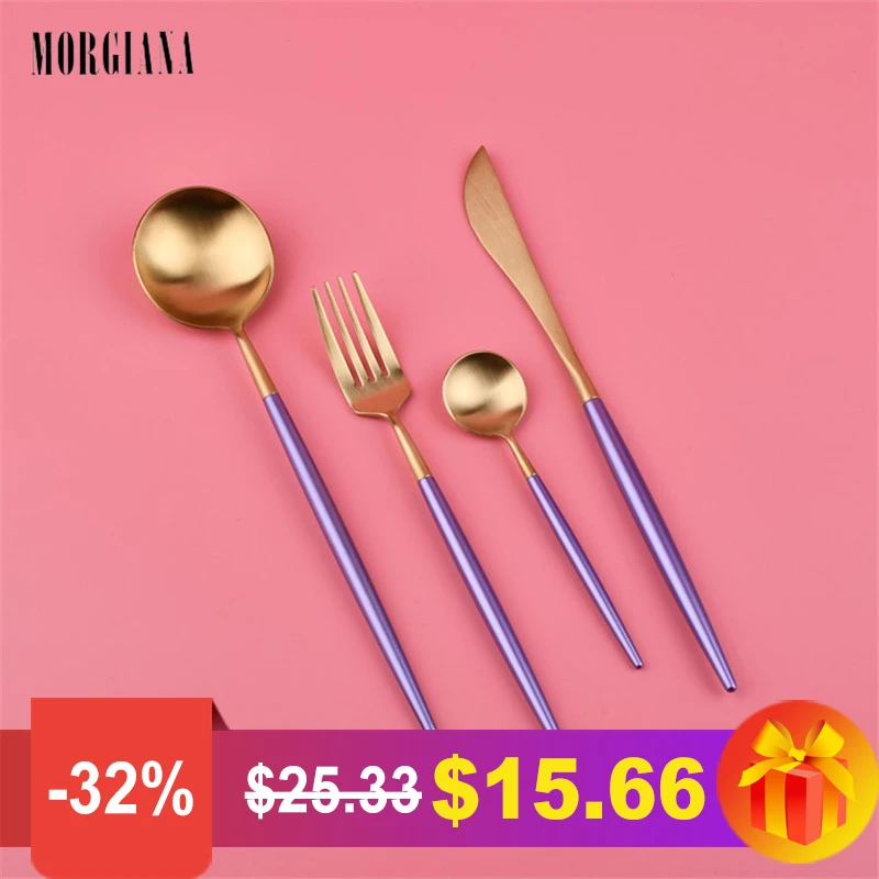 Morgiana 4 Adet Takim Mor Altin Sapli Paslanmaz Celik Gumus Iki Renk Yemek Takimi Bati Bicak Catal Kasik Catal Bicak Kasik Seti Yemek Setleri Aliexpress