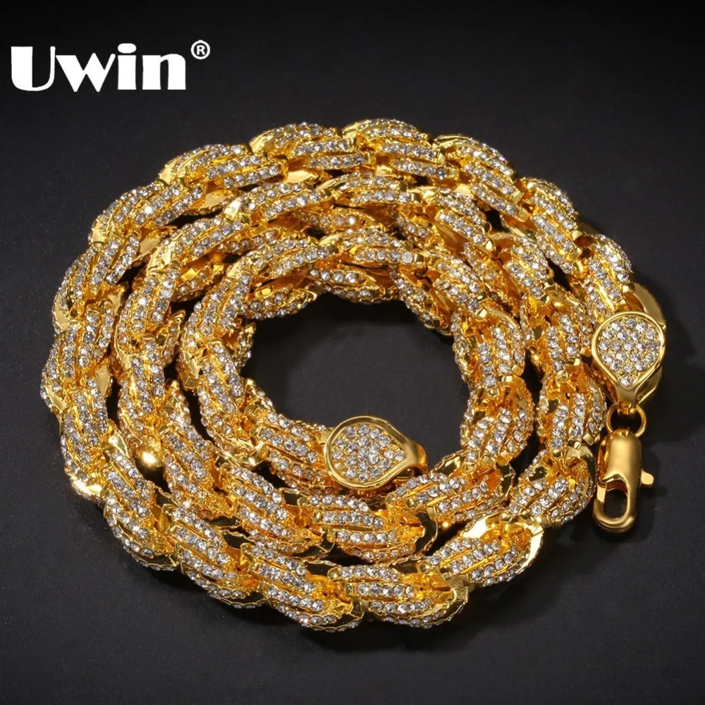 Tanie UWIN 9mm Rope Chain naszyjnik srebrny różowe złoto złoty kolor Iced Out dżetów Hiphop naszyjniki biżuteria mężczyźni kobiety Drop Shipping